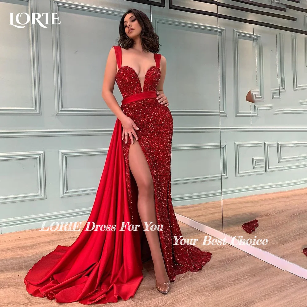 

LORIE Side Slit Evening Dress Saudi Party Dress Prom Dress Sparkly Red Shiny Evening Dress Sweertheart Customized Cocktail Dress