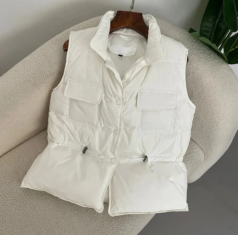 Nova luz feminina colete curto quente feminino pato branco para baixo jaqueta casaco sem mangas moda outerwear streetwear