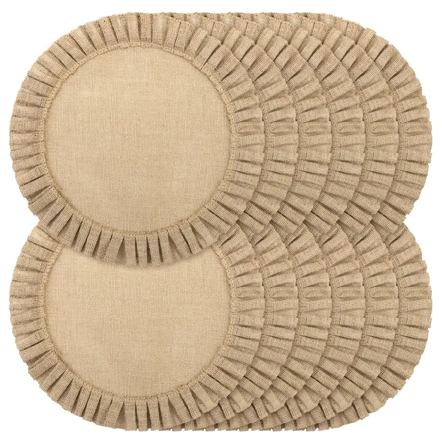 

12 упаковок 15-дюймовых круглых подставок из мешковины, плетеные джутовые салфетки с рюшами по краям, термостойкие многоразовые коричневые настольные коврики для свадьбы