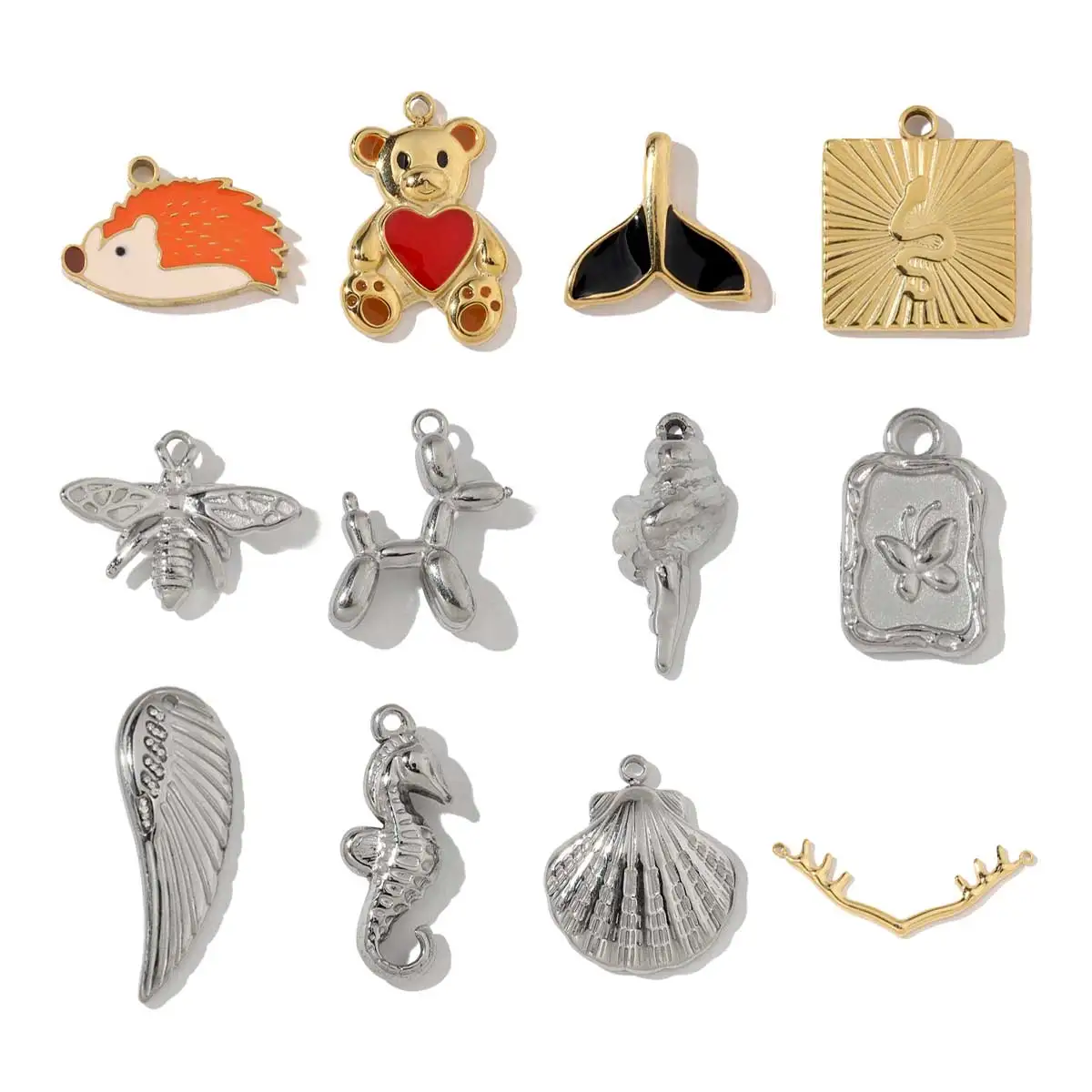 3pcs/Lot French style Stainless Steel Hedgehog Mermaid Charms Bear Wings Seahorse Dog Necklace DIY Small Pendant Wholesale