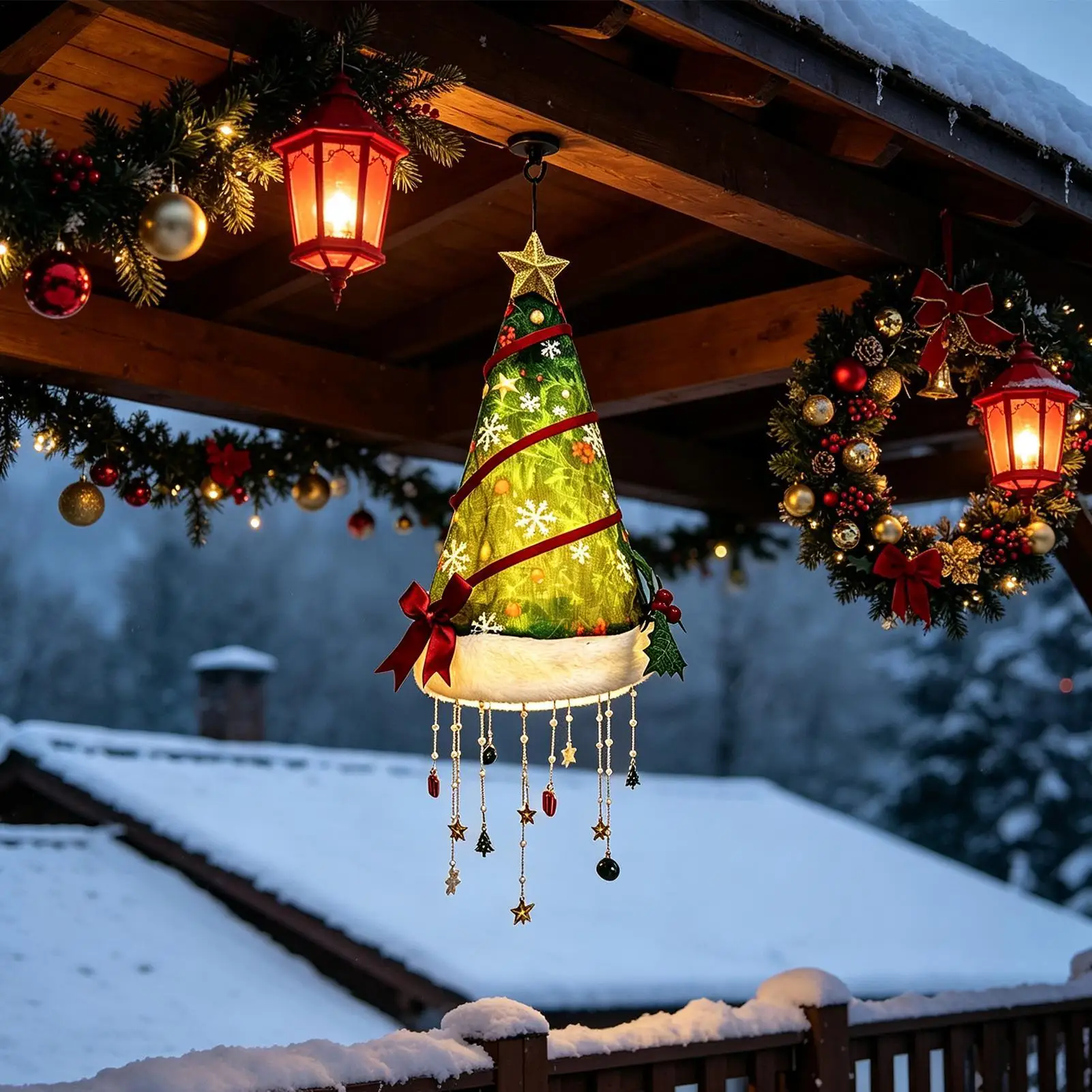 Christmas Santa Hat Hanging Lights Warm LED Light Christmas Decoration For Porch Patio Festival Party Ceiling Decor Outdoor