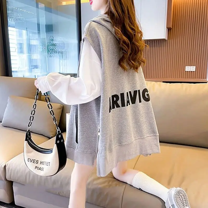 2023 Spring and Autumn Thin, Lazy, Relaxed, Relaxed, Versatile, and Fashionable Pop Street Cardigan Hooded Sleeveless Sweater