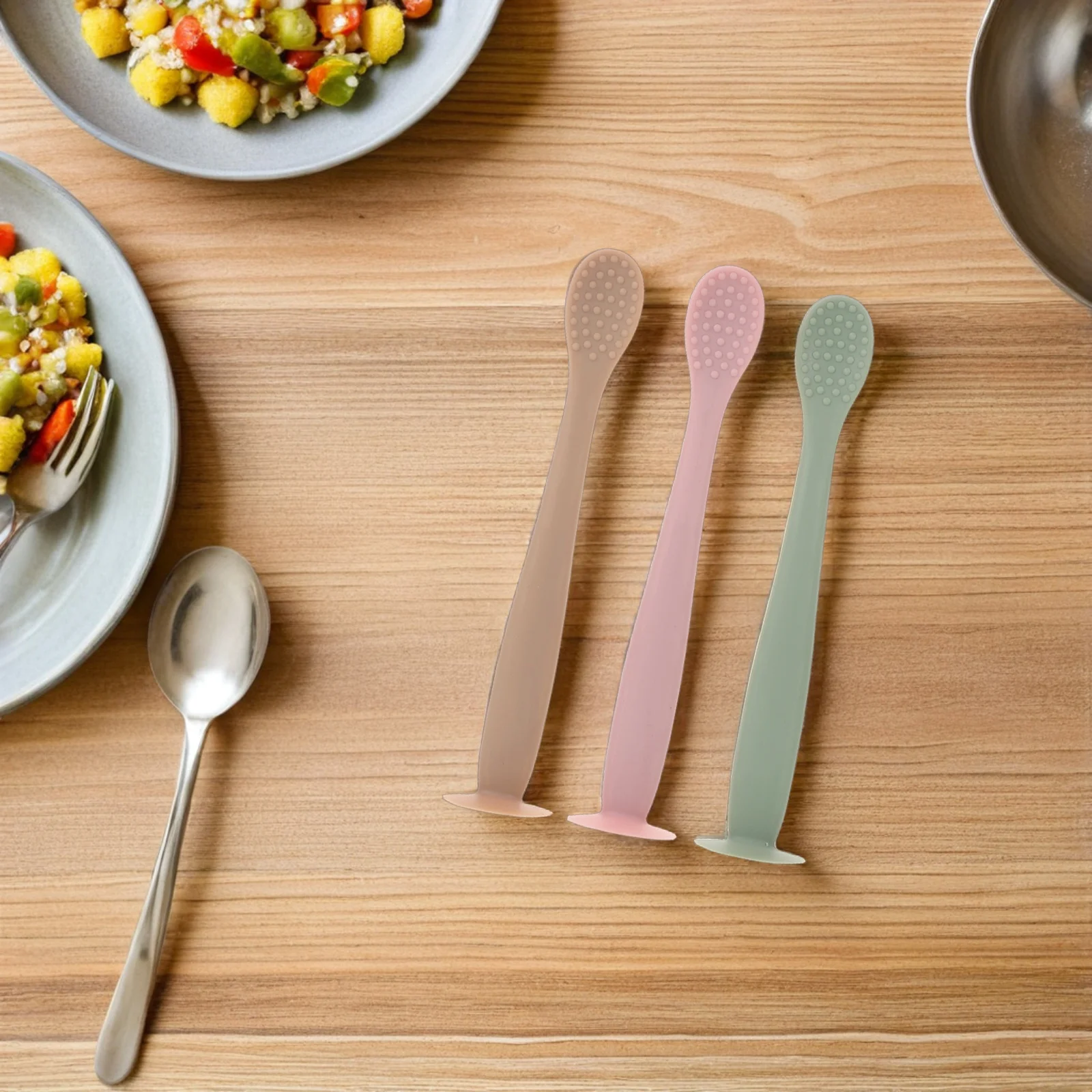 

3pcs Infant Silicone Feeding Spoon Set Soft Teething Texture Easy Grip Handle Microwave Safe Portable Baby Led Weaning Spoons