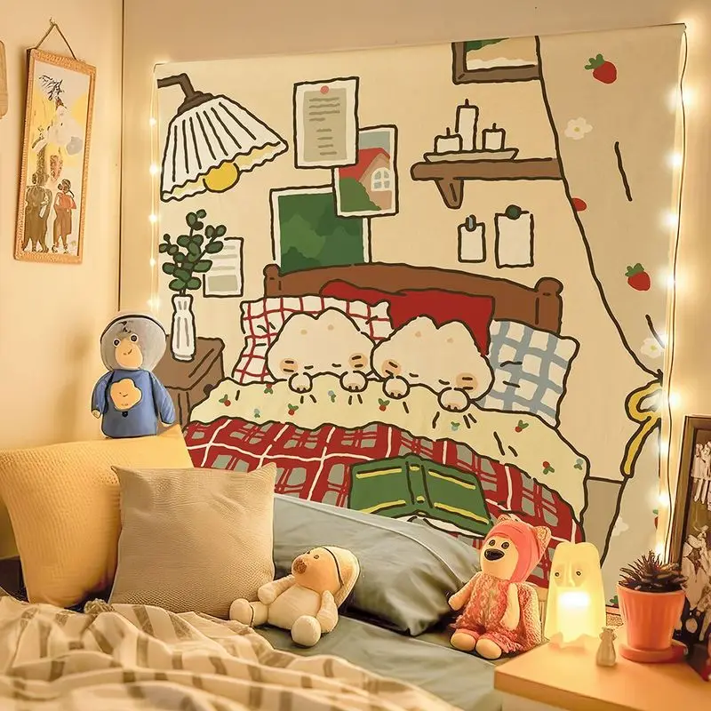 VIKAMA Warm Bedroom Sleeping Bear Tapestry, Grid Bedding Bear Healing Illustration Wall Art for Bedroom Living Room Decor