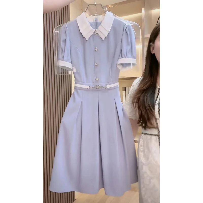 Blue thin shirt dress female 2024 summer and autumn new slim short-sleeved fashion temperament waist sweet Joker skirt.