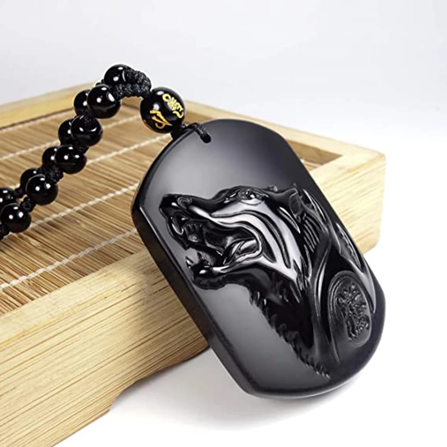 CSJA Natural Stone Pendant Black Obsidian Necklace for Men Carving Wolf Head Crystal Necklaces Fengshui Blessing Jewelry G933