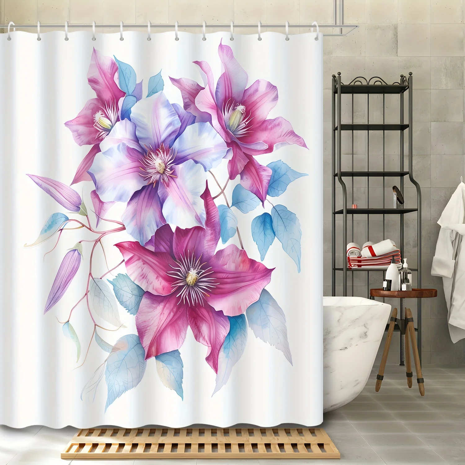 

1pc watercolor purple flowers and plants shower curtain, decorative printed shower curtain, including 12 hooks, bath curtains,
