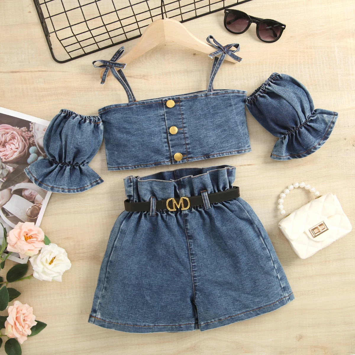 Fashion Style Girl Strap Cute Bow Top With Ruffled Floral Denim Shorts Suit With Belt