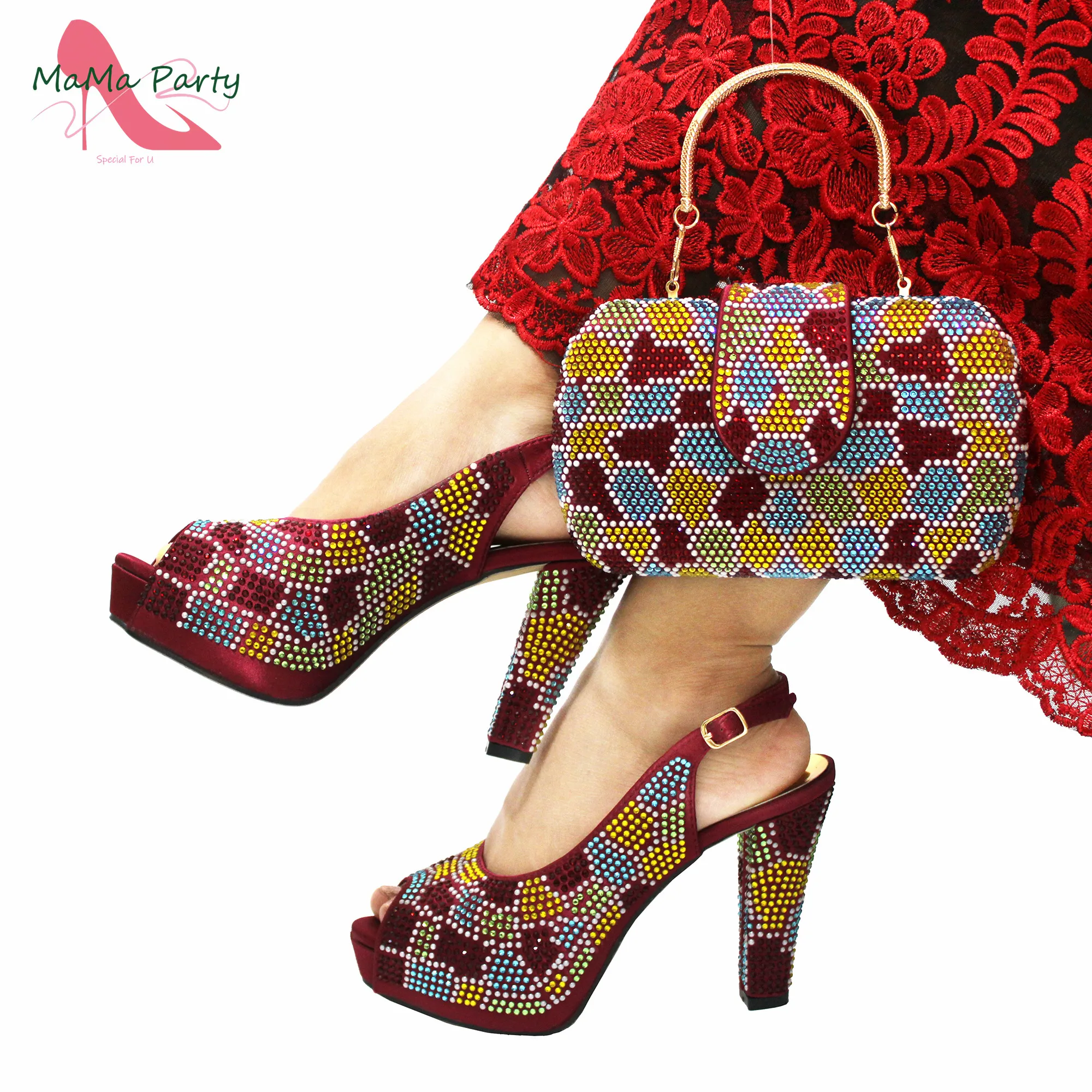 

2024 Special Design Wine Color High Quality Square Heels Sandal Italian New Shoes and Bag Set for Wedding
