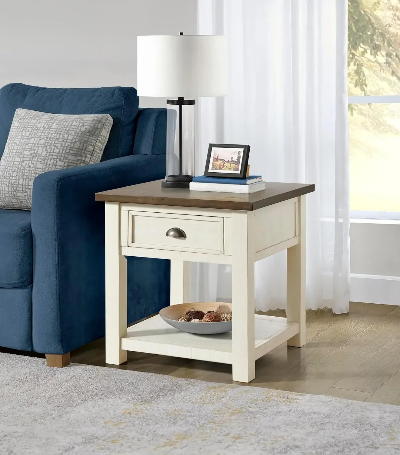 طاولة نهاية جديدة من الخشب الصلب، باللون الأبيض الكريمي مع سطح بني، توصيل سريع #2