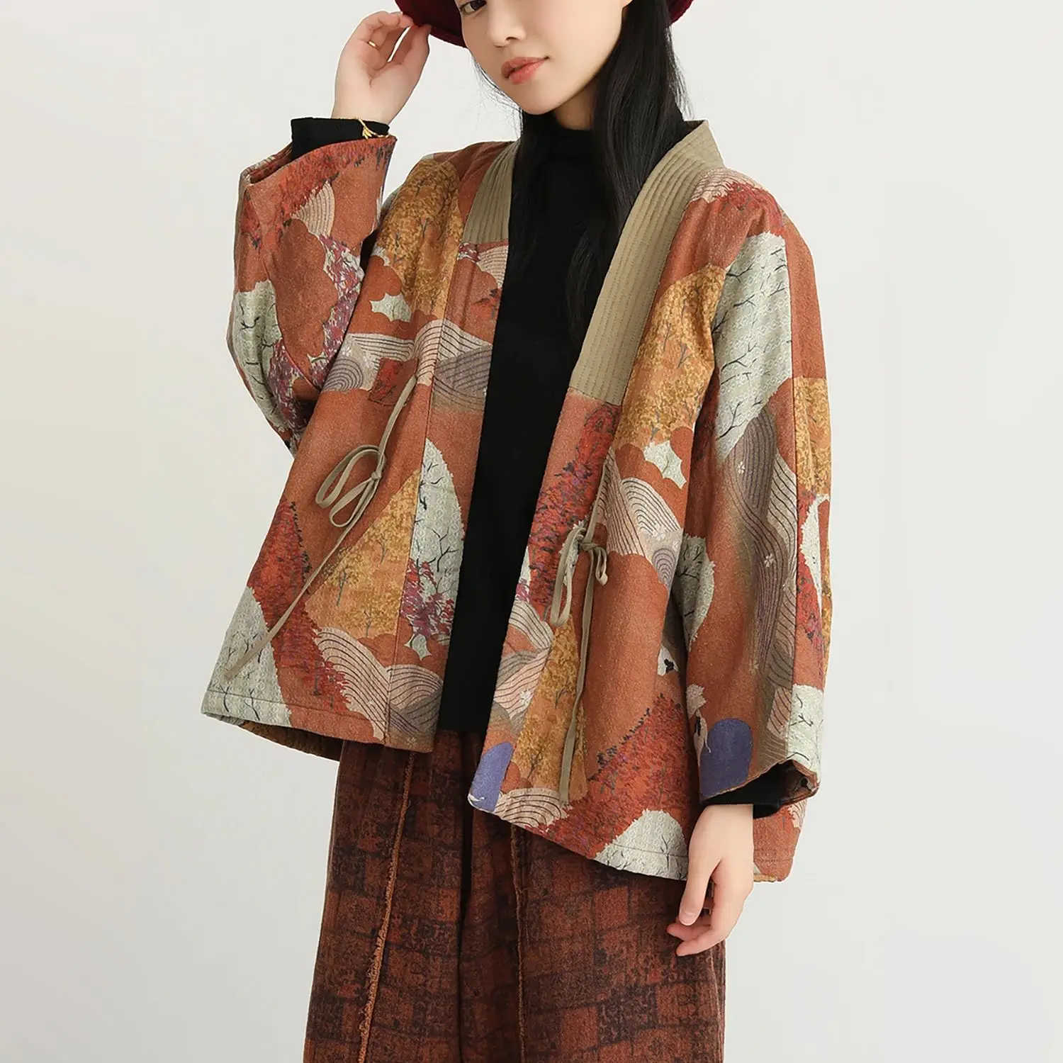 LZJN Women's Autumn/Winter Vintage Literary Print Padded Cotton Coat. Loose-Fit Belted Design with Elegant Tea-Inspired Style