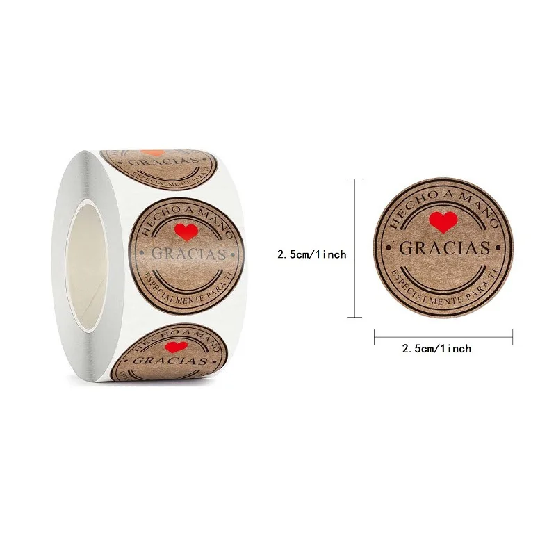 500pcs/Roll Spanish Gracias Kraft Seal Sticker French Thank You Fait Main Avec Amour DIY Paper Label Adhesive Party Gift Seal