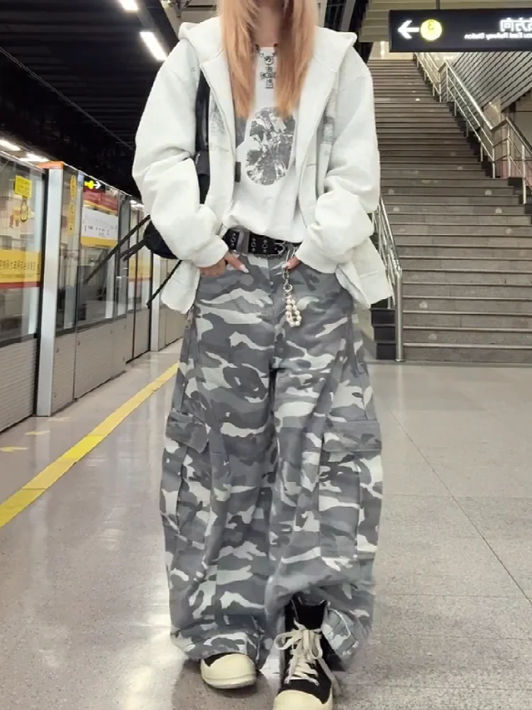 American Retro Workwear Style Camouflage Knife  Wide Leg Jeans Women's Design Loose Slim Multi Pocket Casual Trousers