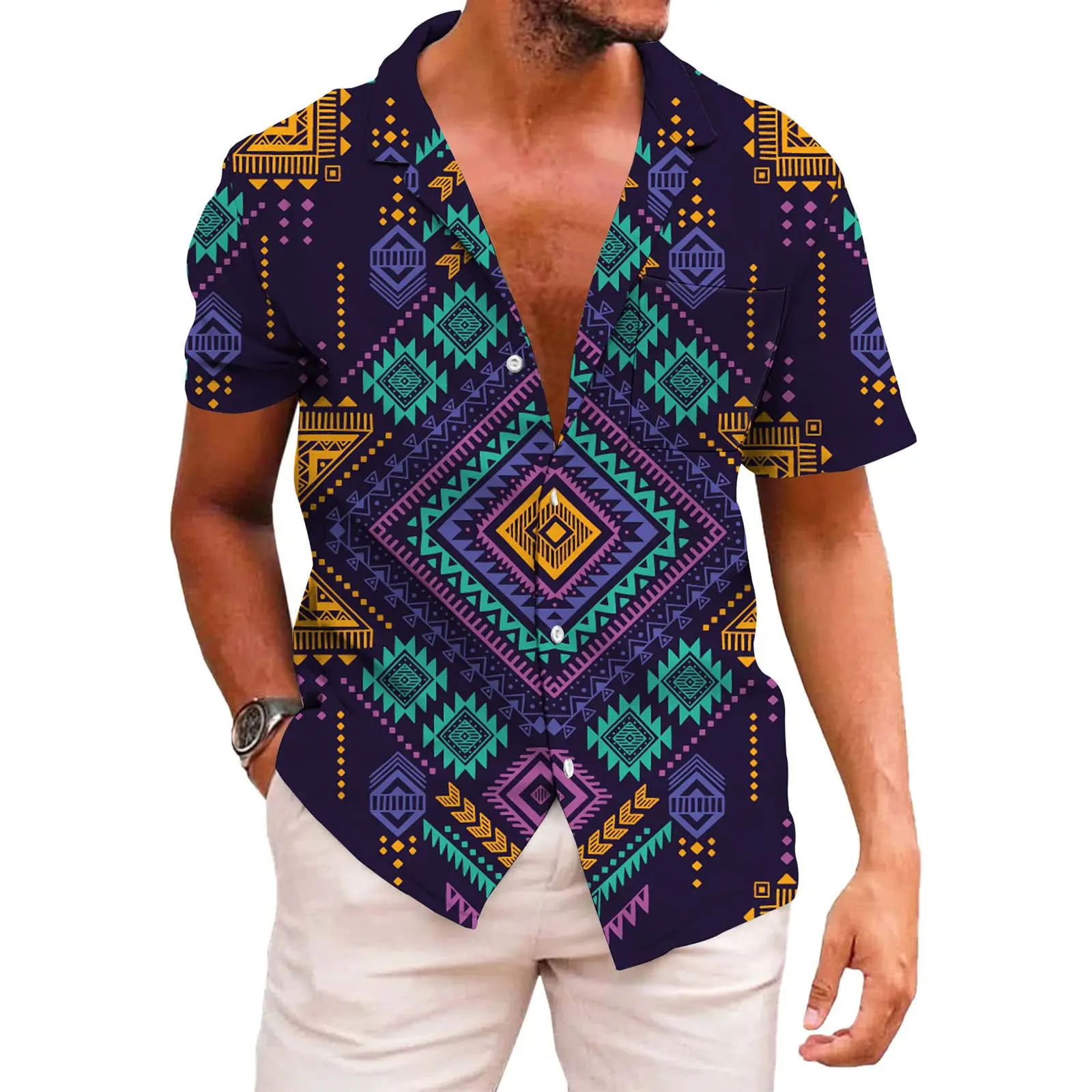 

KYKU African Shirts for Men Dashiki 70s Outfits Print Button Down Shirt Men Short Sleeve Clothing