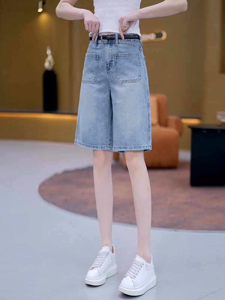 

Light Blue High Waist Wide Leg Short Jeans Women's Summer Thin New Style Loose Slim A-Line Pants Commute Style Korean Version