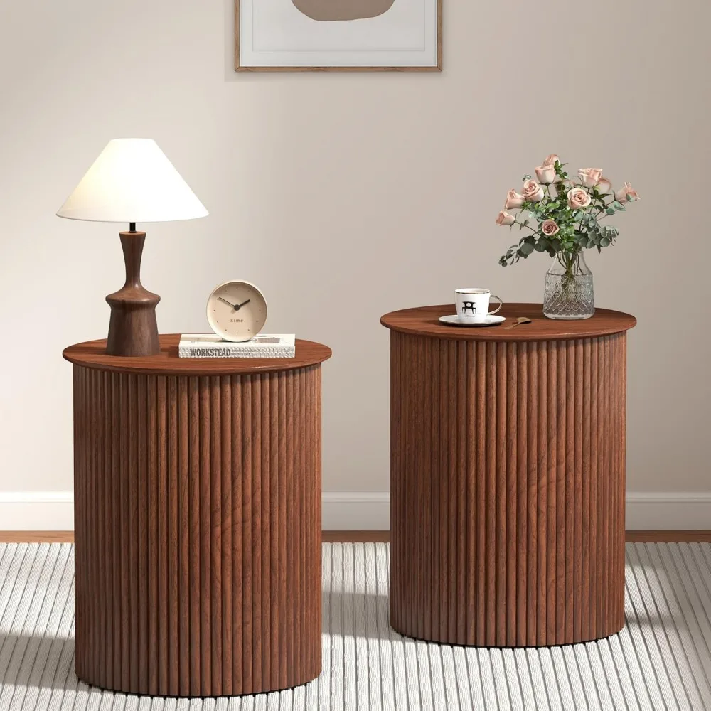현대적인 플루트 모양의 원형 사이드 테이블 - 소형 미드 센추리 나이트스탠드, 17.7인치 원형 침대 옆 테이블, 현대적인 가정용 원목 나이트스탠드