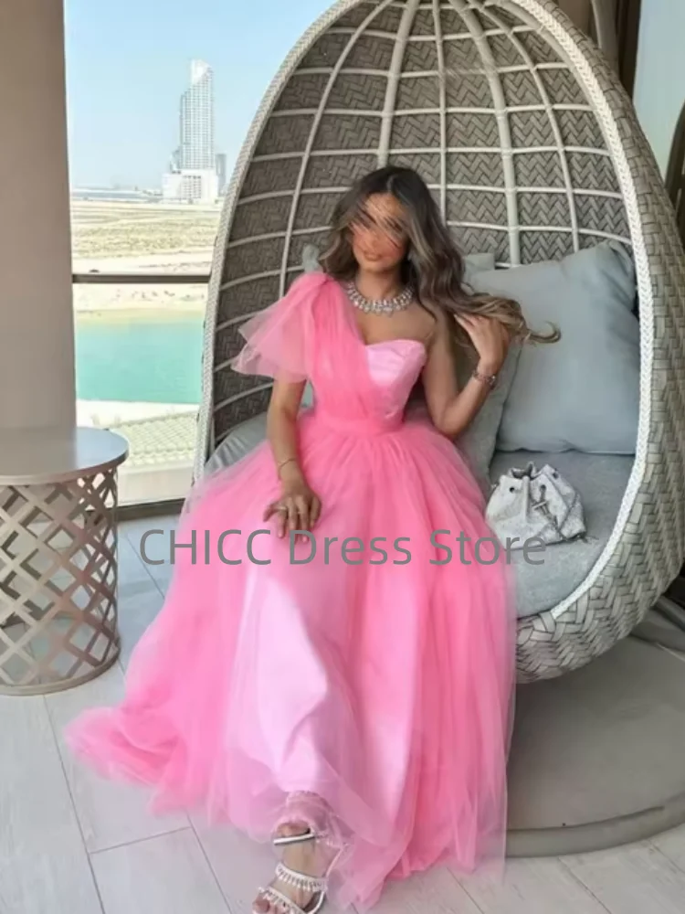 Formele galajurken A-lijn één schouder geplooide roze avondjurk Saoedi-Arabische afstuderen Quinceanera feestjurken op maat