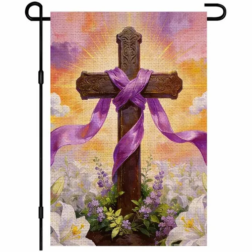 Easter Garden Flag 12x18 Inch He Is Risen Burlap Yard Flag Double Sided Cross... YYZ