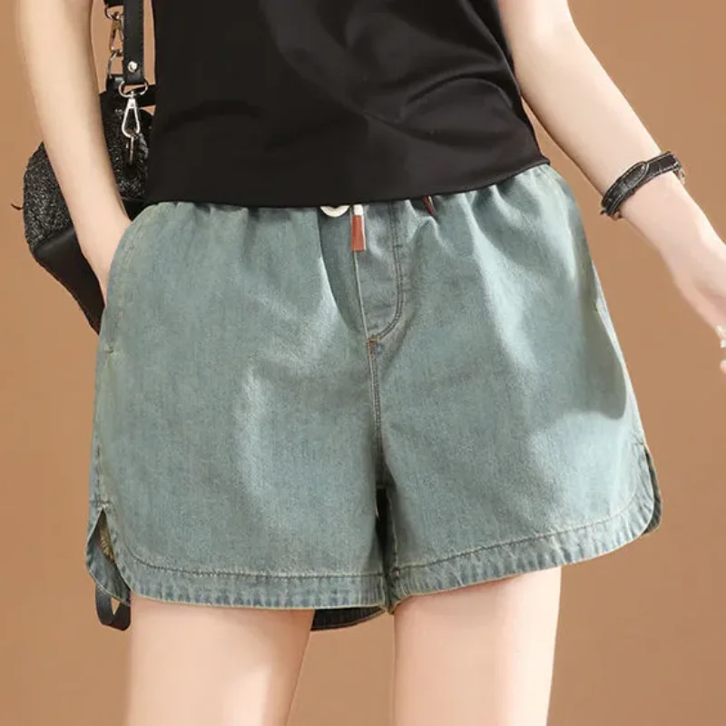 Shorts jeans soltos casuais para mulheres no verão, ajuste fino, emagrecimento, versátil, fenda de perna larga, calças tendência vintage