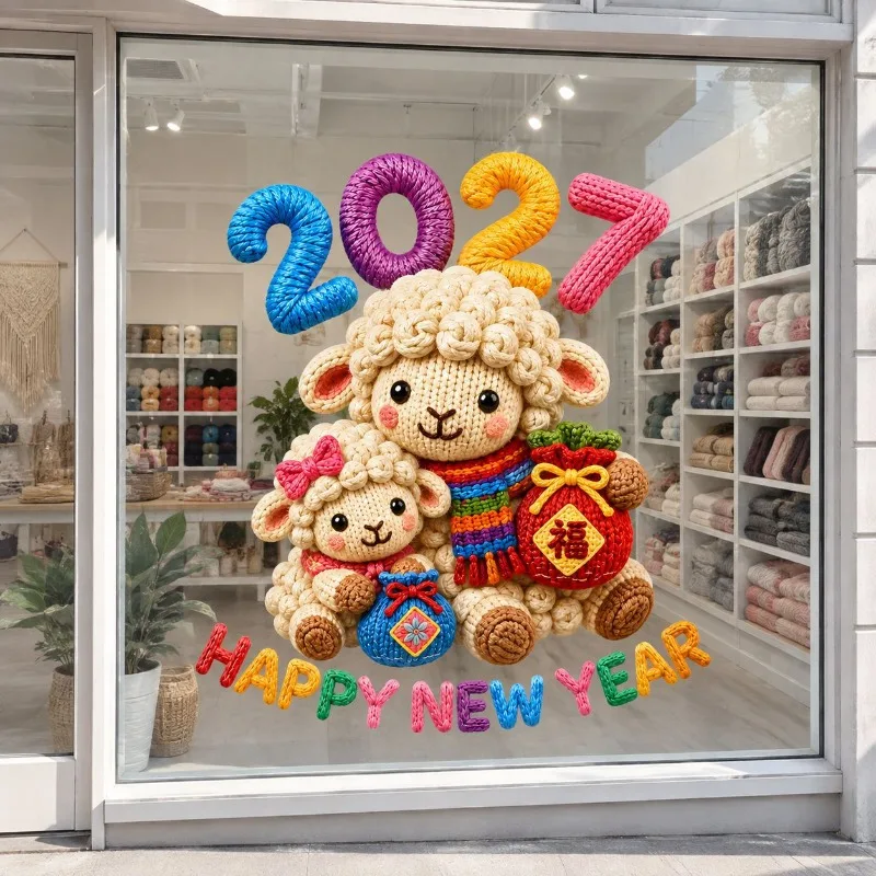 2027 Happy New Year Window Sticker Knitted Sheep Design Both Sides Same Color for New Year Gift Home Decoration