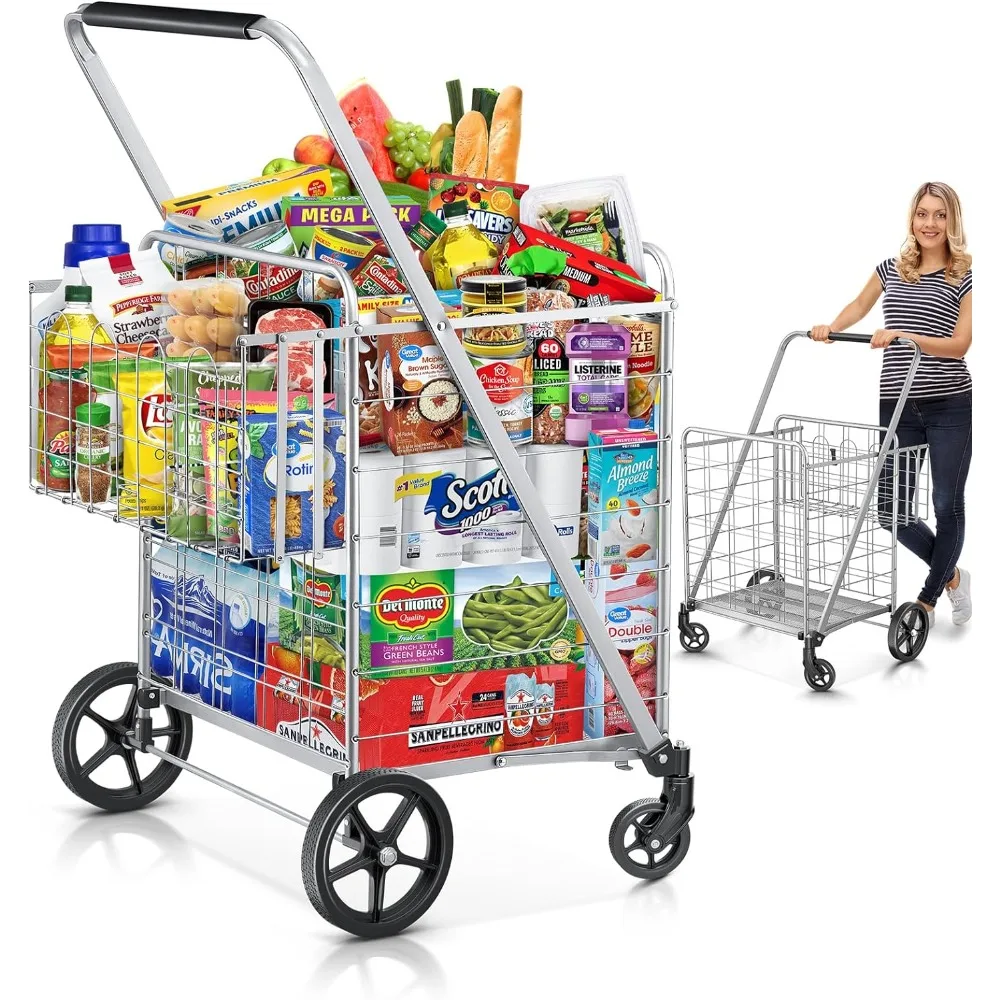 

Shopping Cart, 460 lbs Upgrade Super Capacity Grocery Cart Extra Jumbo Double Basket Folding Shopping Cart with 360° Rolling