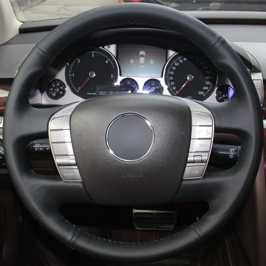 Hand-Stitch Non-slip Black Genuine Leather Car Steering Wheel Cover Wrap for Volkswagen VW Phaeton Interior Accessories