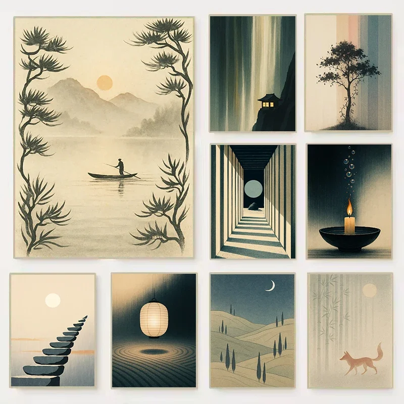 Minimalist Japanese Zen Garden Lantern Silhouette Pine Tree Illustration Poster Canvas Painting Wall Art Pictures Home Decor