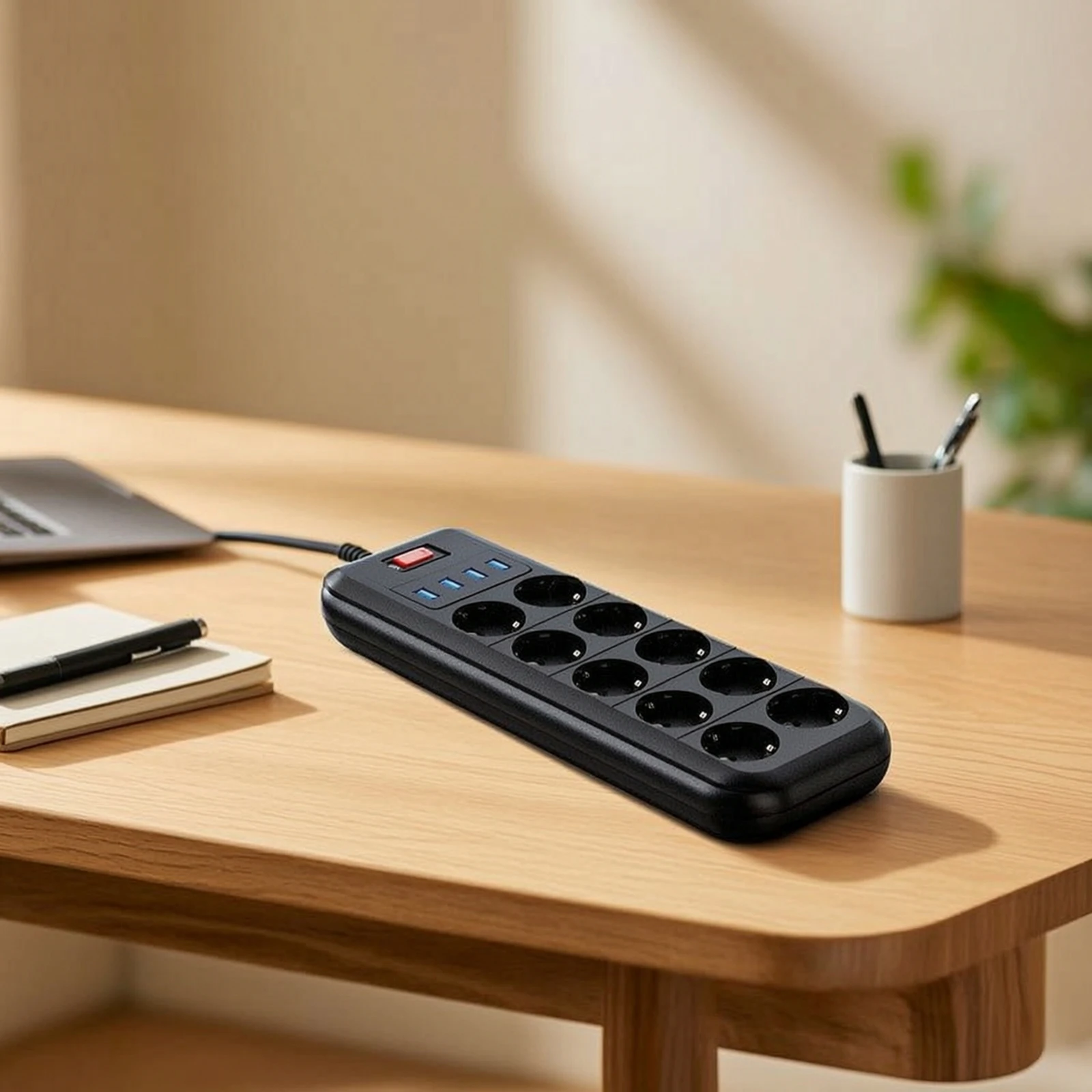 Desktop Power Strip with USB 10-Way Power Strip with USB Ports Multi Plug Outlet Space-Saving Extension Lead Circuit Breaker