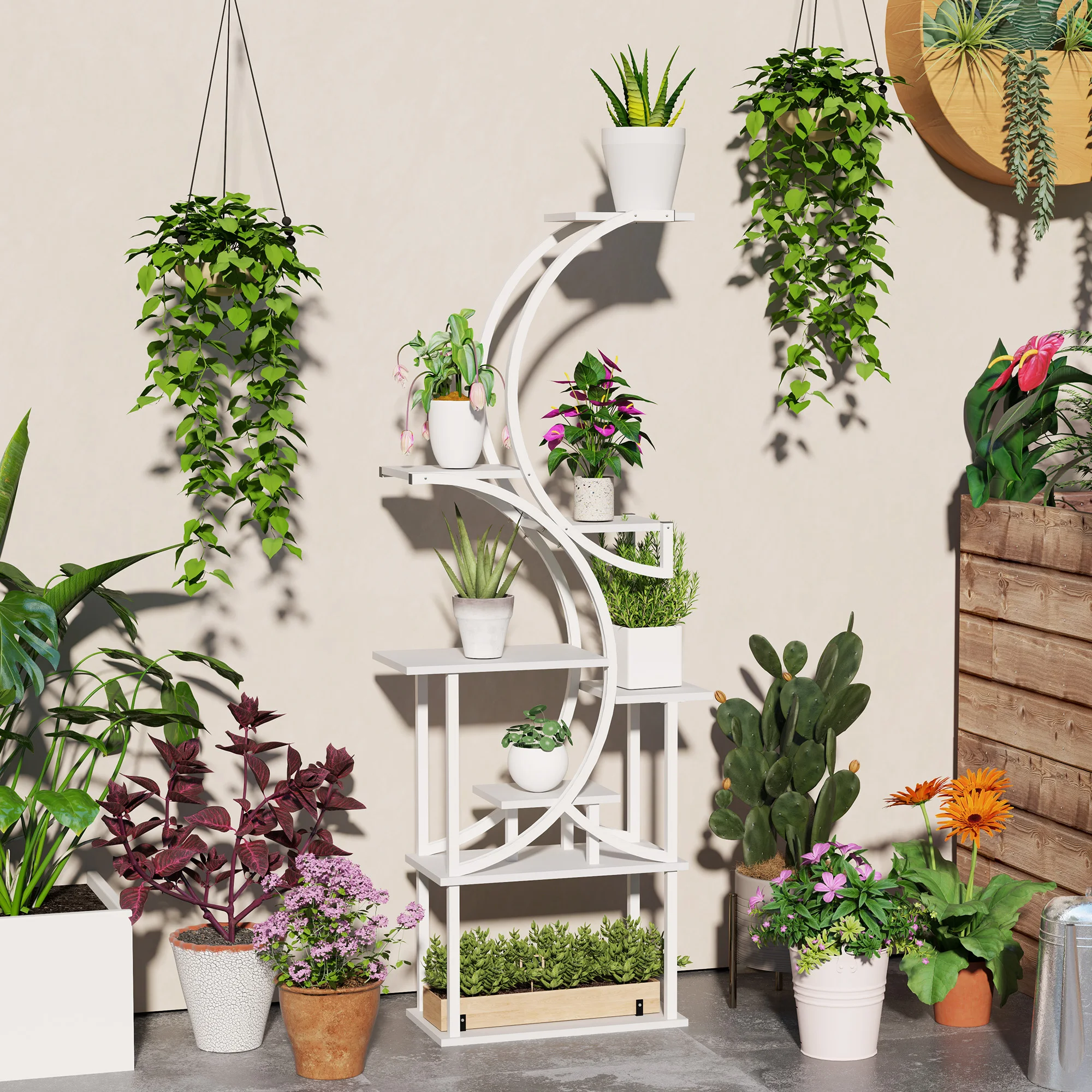 Houseplant stands, flower stands,S-shaped frame,Eight-tier structure allows for diverse and abundant plant arrangements,White