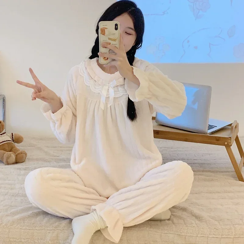 أطقم بيجامات شتوية حلوة من الدانتيل لعام 2025 بأكمام طويلة سميكة ودافئة من الفلانيل للنساء ملابس نوم كورية لطيفة ملابس منزلية ملابس منزلية #5