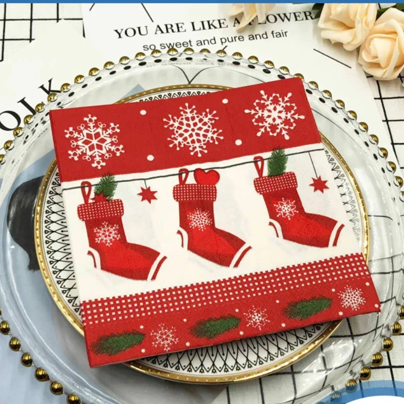 Christmas Party Decoration Paper Christmas Elements Printed Napkins Christmas Stockings Wine Glasses Flowers Paper Placemats