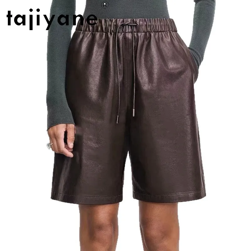 TAJIYANE Genuine Leather Pants Woman Straight Capri Pants of Women Elastic Waist Trousers Vegetable Tanned Sheepskin Pantalon