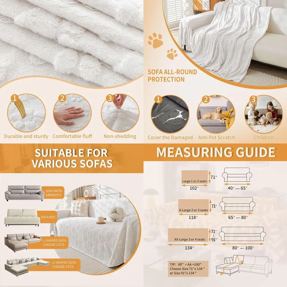 

Washable Fuzzy Dog Sofa Cover, L-Shaped Couch Protector, Thick Soft Non-Slip Cover, Pet-Friendly (White, 71 x 118)