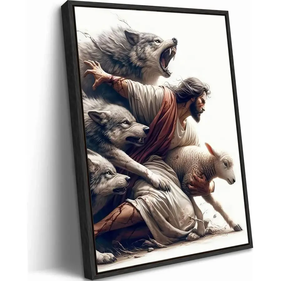 

Black Framed Jesus and Lamb Canvas Wall Art Jesus Saves the Lost Sheep Christian Picture Wall Decor Shepherd Protect a Lamb from