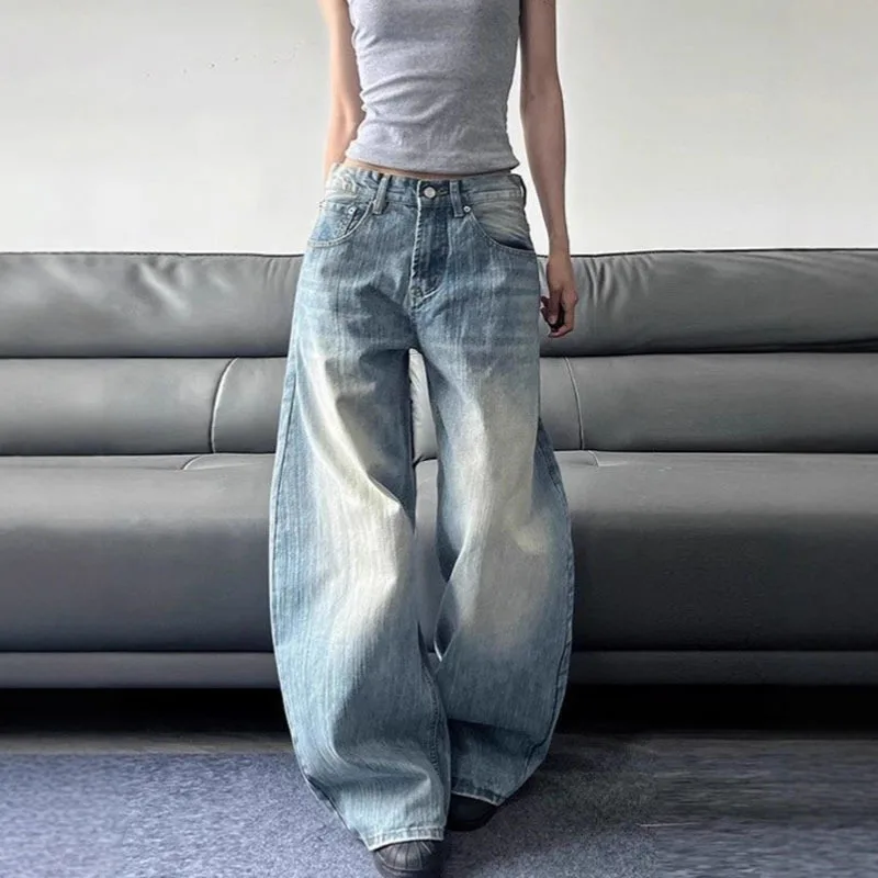 Women's Retro High Waist Curved Loose Denim Trouser Baggy Jeans