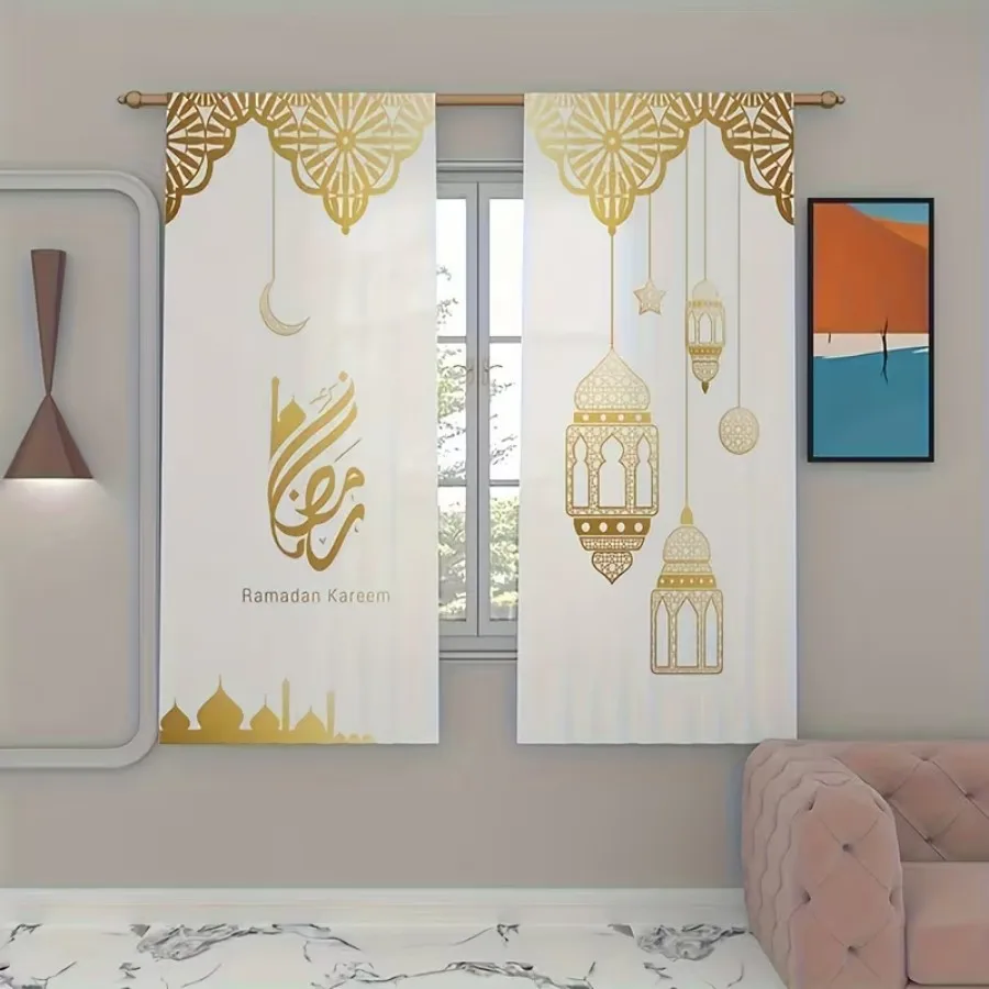 2 PCS Golden Ramadan Curtains, Sacred Festival Style Window Drapes for Living Room Bedroom Home Decor Polyester Rod Pocket