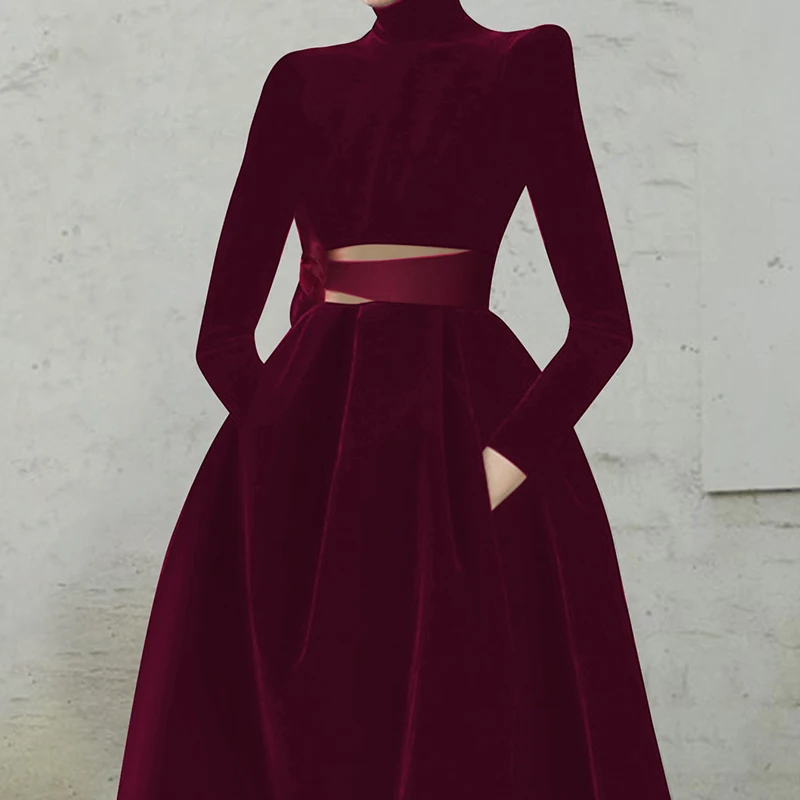 2023 Autumn and Winter New French Style Evening Mid- Length Dress Elegant Temperament Red Mid-Length Long Sleeve Velvet Dress