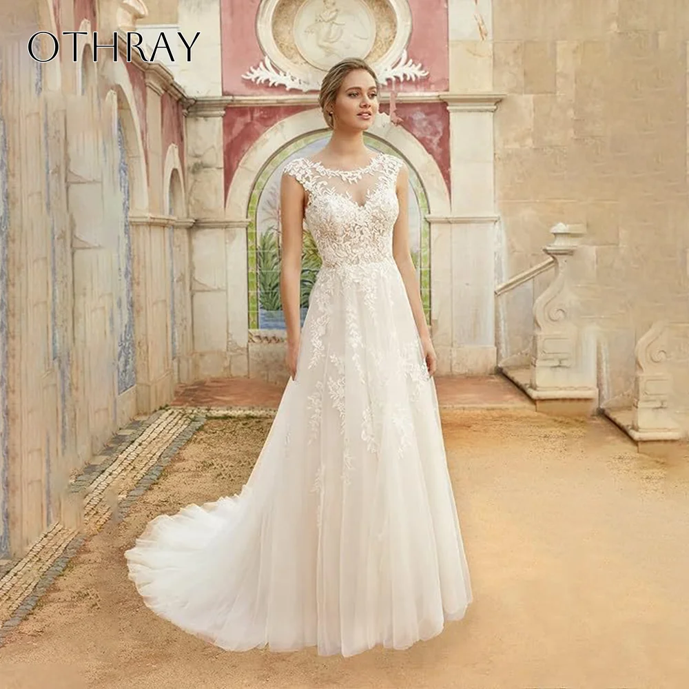O-neck Appliques A-line Bridal Wedding Gown Sleeveless Pleated Tulle Sweep Train Backless Customized свадебное плат