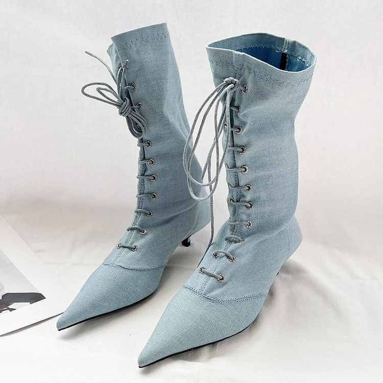 

Denim Pointed Toe Lace Up Ankle Boots Back Zipper 3Cm Stiletto Heels Sewing Winter Women's Short Booties