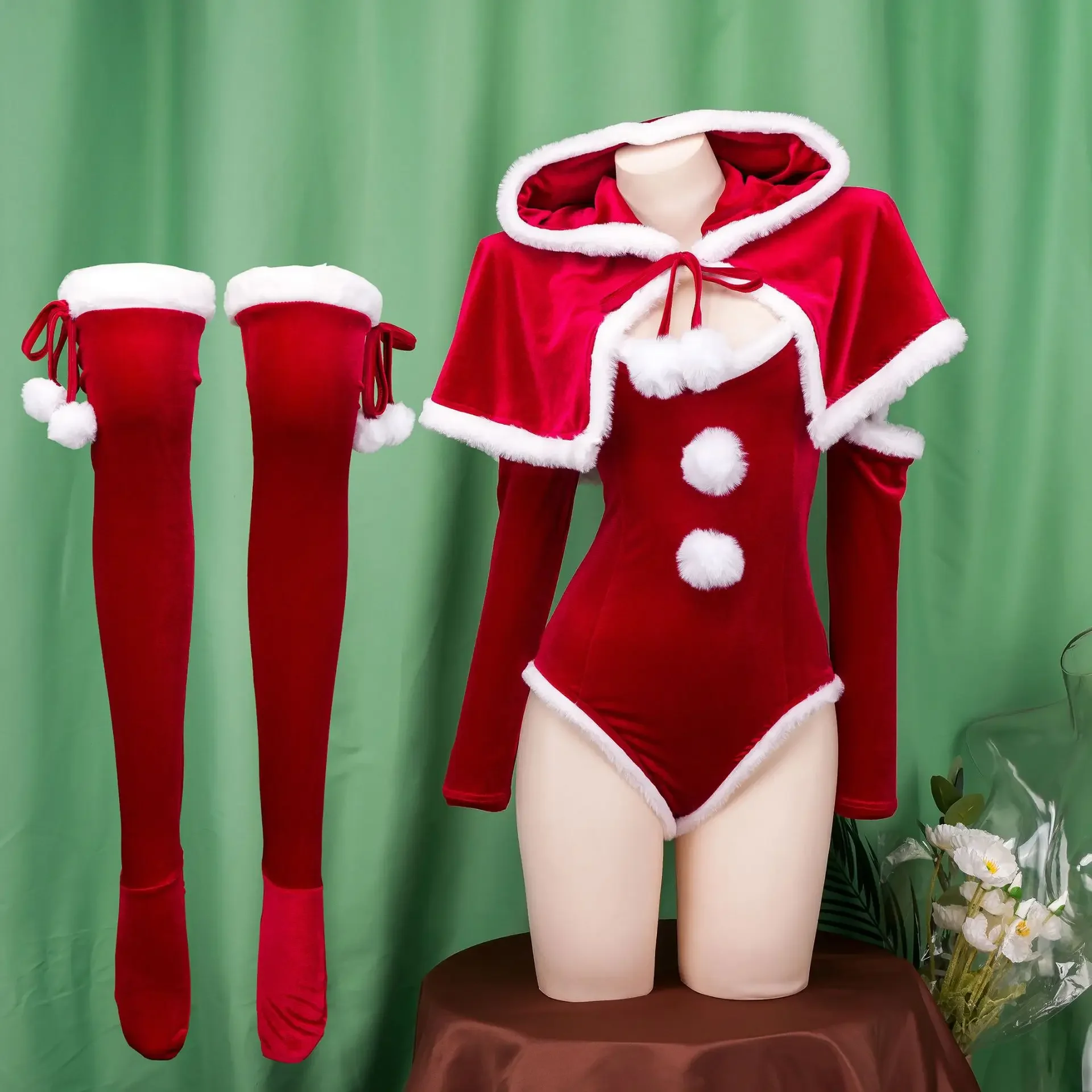 Anime Christmas Uniform Bodysuit with Cloak Red Stockings Outfits Cosplay Costumes New Year Plush Nightgown Underwear Outfits