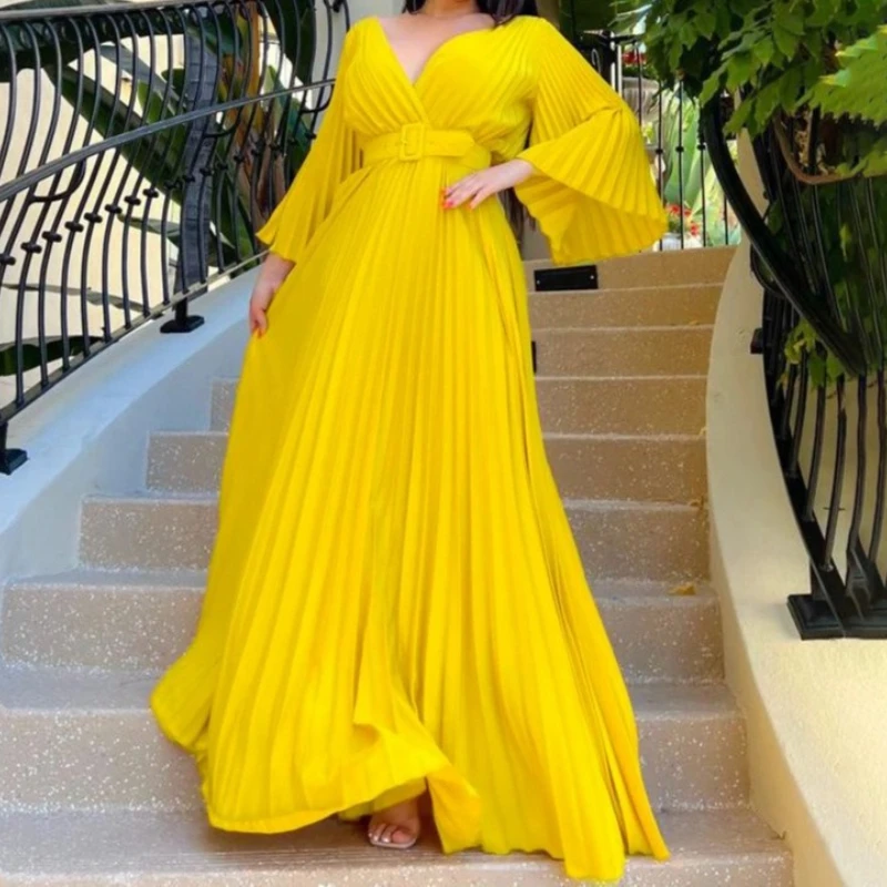 

Sexy V-Neck Pleated Dinner Party Dress Women Yellow Elegant with Belt Long Sleeve Robe Femme African Maxi Red Vestido 2025