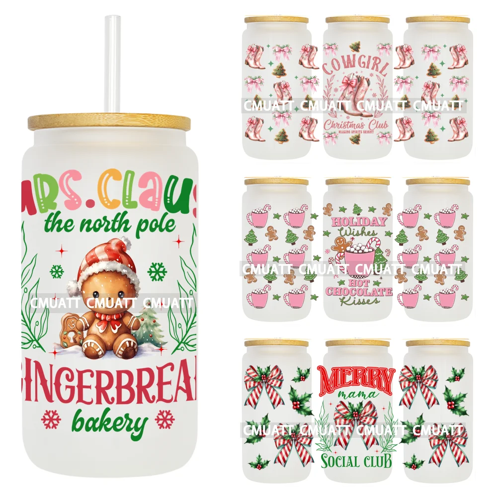 Holiday Spirit Christmas Club Santa Bow 16OZ UV DTF Cup Wrap Transfer Sticker Custom Labels Waterproof Logo For Libbey Glass Can