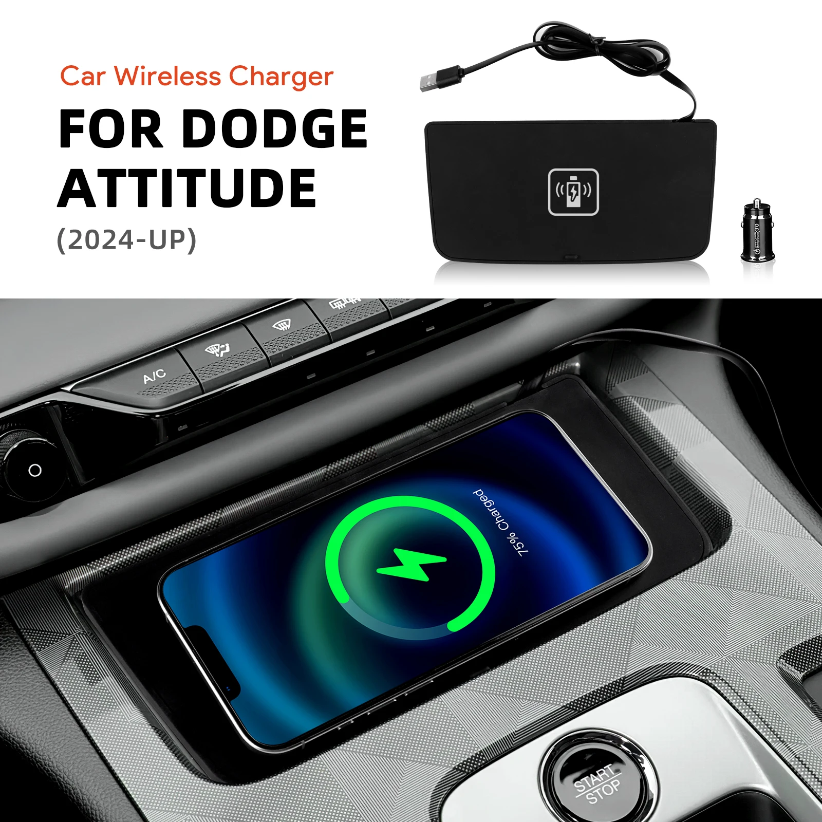For Dodge Attitude 2024-2026 Car Wireless Charger Pad Fast Charging Center Console Organizer Interior Modification Accessories