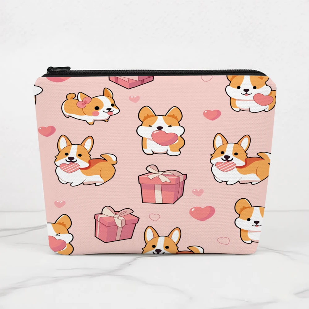 Corgi Hearts Gifts Pink Background Makeup Bags for Girls Cosmetic Pouch Toiletry Bag Pencil Case Travel Storage