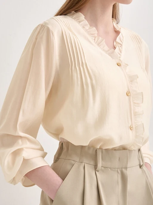 

Spring 25 Cotton Blend V Ne Long Sve Women's irt Versatile Commute Sle Pleated irt RHMY Alluring Wood a...