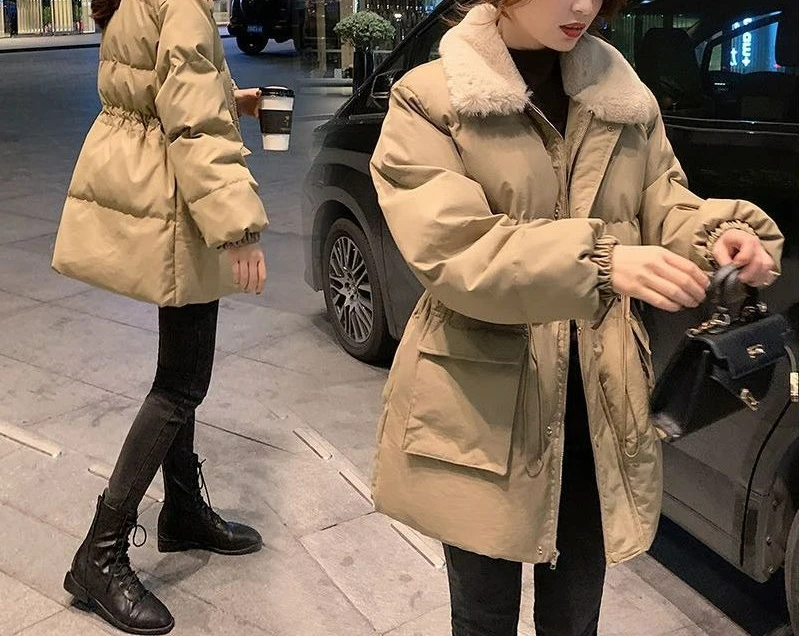 

Winter Cotton Jacket Loose Fit Women 2025 New Mid-Length Waist-Cinching Down Cotton Coat