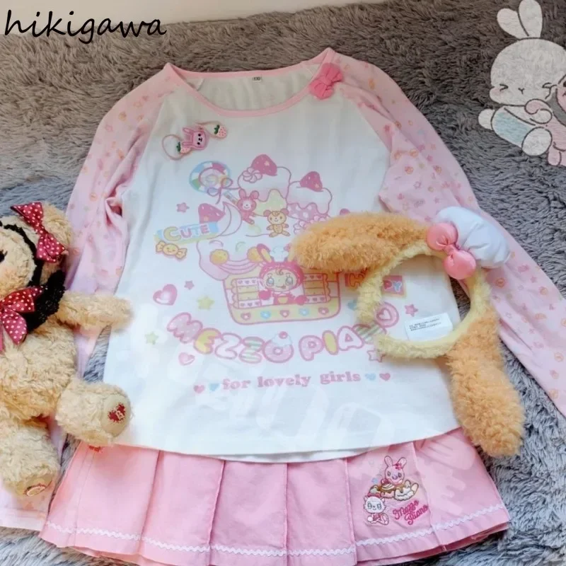 Camisetas dulces Y2k para mujer, ropa con estampado de dibujos animados, camisetas japonesas de manga larga con cuello redondo, camisetas de moda de