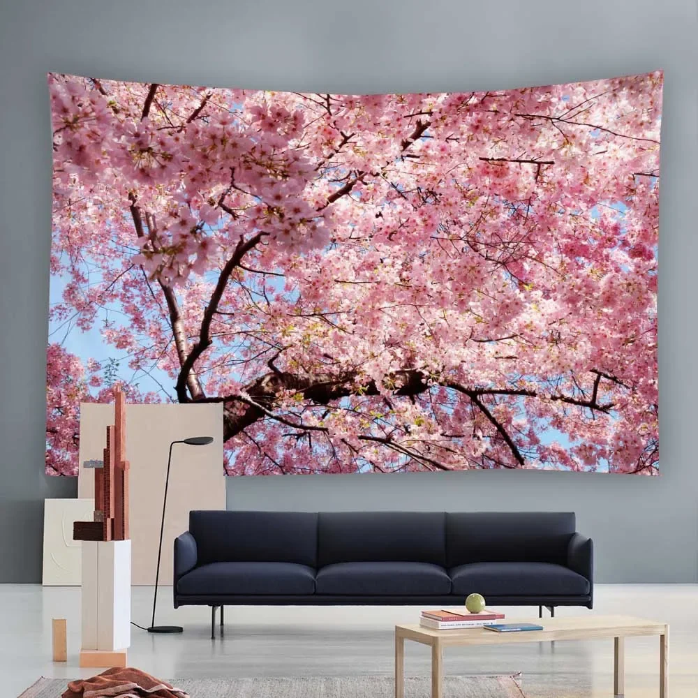 Cherry Blossom Landscape Tapestry Flower Grove River Wall Hanging Cloth Bohemian Wall Decoration Art Fabric Hanging Painting