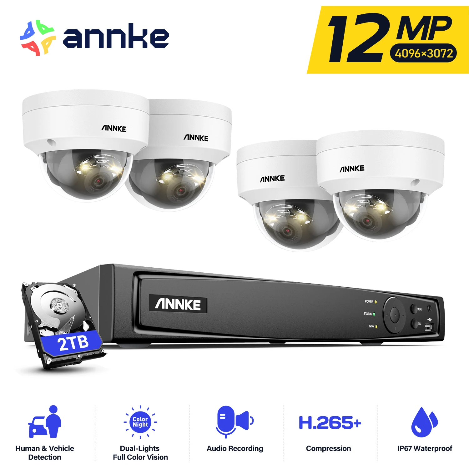 ANNKE H1200 12MP Dual Light Outdoor Surveillance Camera System Person/Vehicle Detection PoE Camera CCTV Video Security Kits