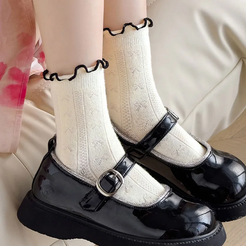 

5Pair Lace Ruffle Princess Socks Bow Kids Calf Sock Spring Summer Leg Sock Black White Lolita Girl Stocking Baby Cotton Footwear